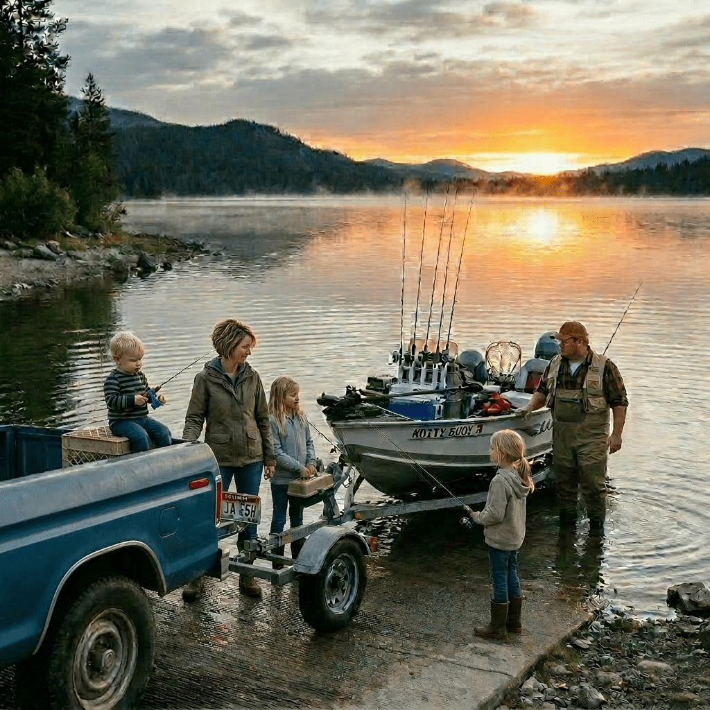 Family with fishing gear launching a boat into lake at sunrise