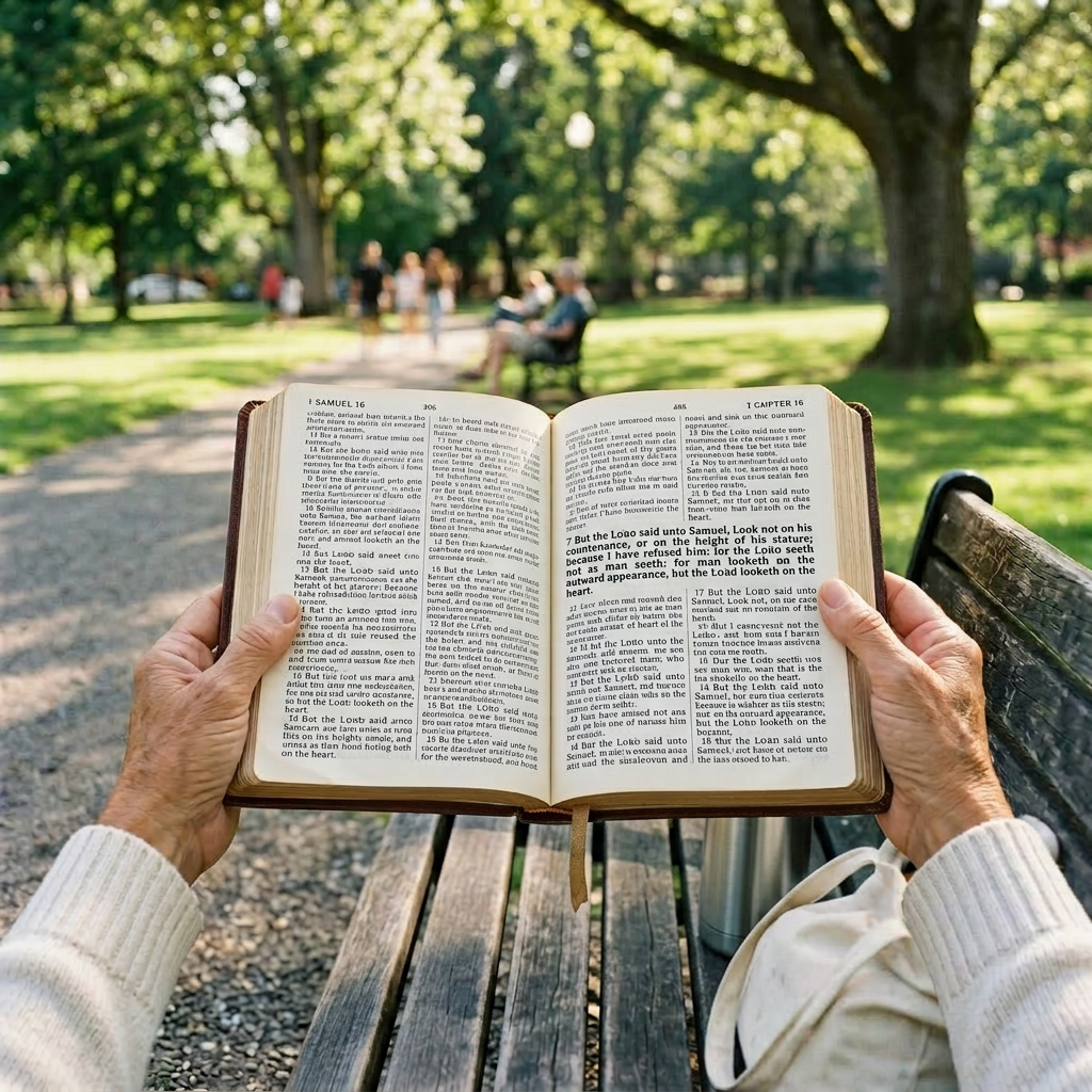 Woman in blue dress and cardigan reading a book on a wooden park bench